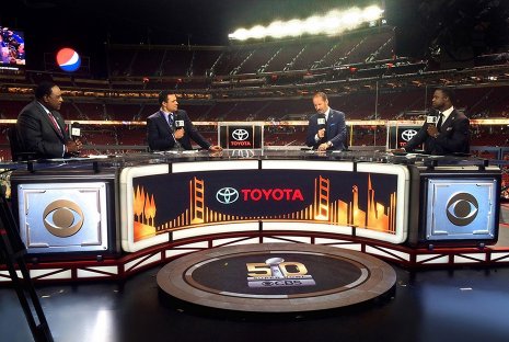 Custom made curved LED screen for CBS anchor desk at Super Bowl 50. Santa Clara, California